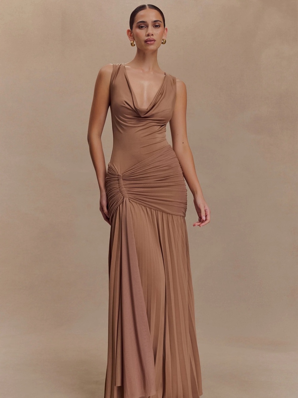 Meshki Dania Cowl Neck Slinky Maxi Dress Taupe